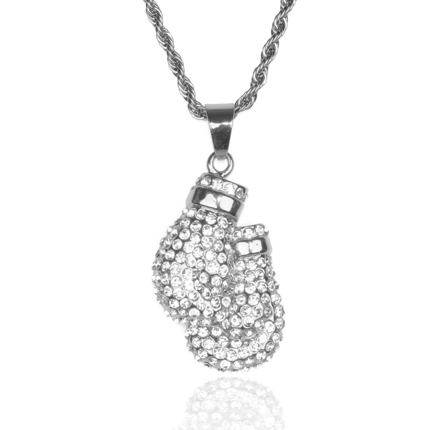 HALUKAKAH Gold Chain for Men Iced Out,Platinum White Gold Finish Full Cz Boxing Gloves Pendant Necklace,Lab Diamonds Prong Set,with Rope Chain 60cm,Free Giftbox