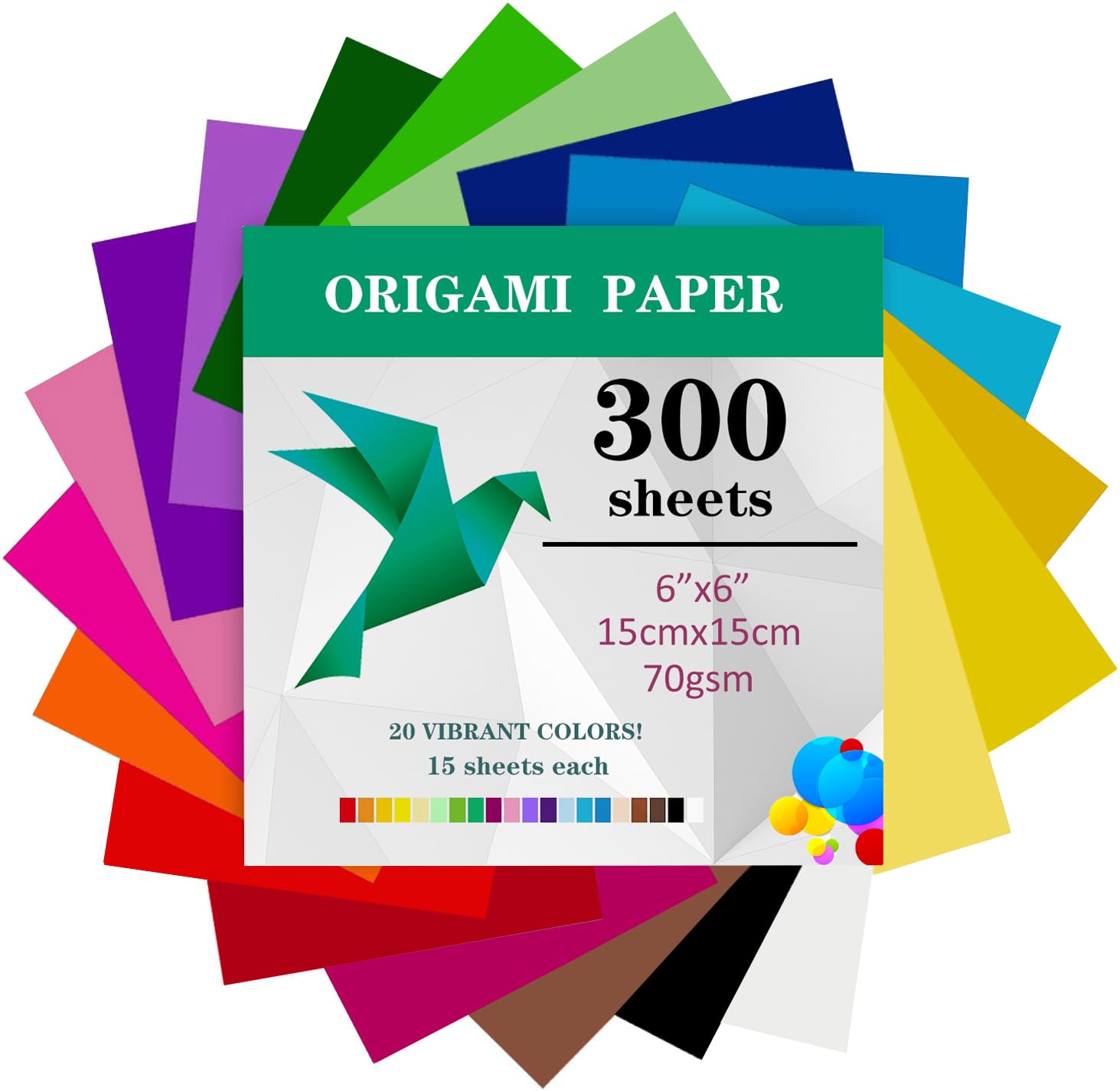 300 Sheets Origami Paper, 15x15 cm/6 Inch Origami Paper Double Sided(70gsm), 20 Colors Small Origami Squares for Kids DIY School Arts Crafts Projects Children Adults