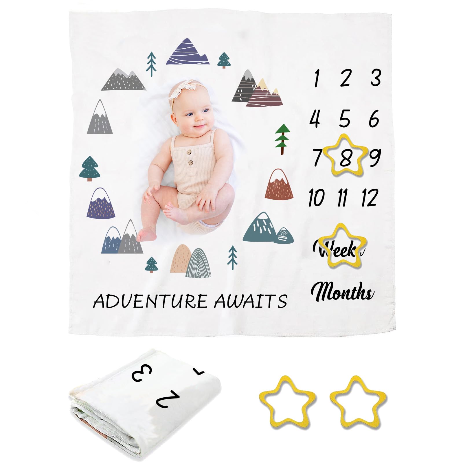 arricraft 1 Pc Milestone Blanket, Polyester Boho Mountain Monthly Milestone Blanket Soft Plush Photo Prop Blanket for Nursery Decor Photography Background Prop Decor 1200x1200mm