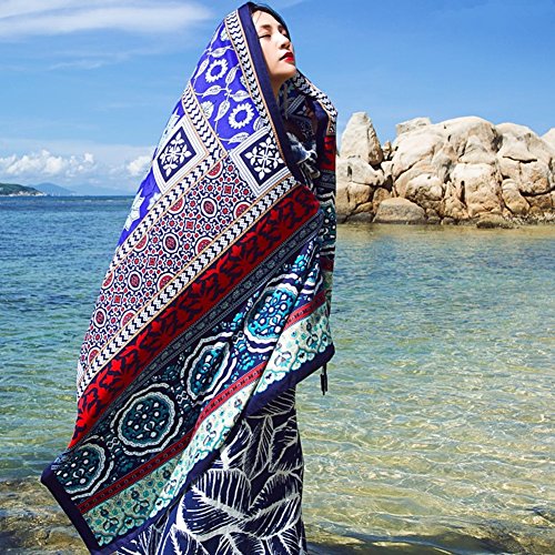 SUNBABY Women Boho Shawl Beach Towels Rectangle Polyester Scarf Travel Sarong Wrap Swimwear Cover Up Beach Mats (Blue Diamond Flower) - Thumbnail 3