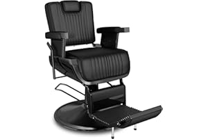 Baasha Vintage Black Reclining Barber Chair, Professional Salon Seat with Thick Padded Cushion and Removable Headrest, Ideal for Braiding and Styling Services