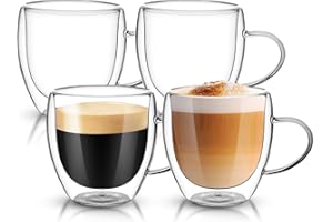 Dyserbuy 4 Pack Cappuccino Glass Mugs, Double Wall Insulated Glass Coffee Mugs with Handle, Drinking Glasses Cups, Perfect fo