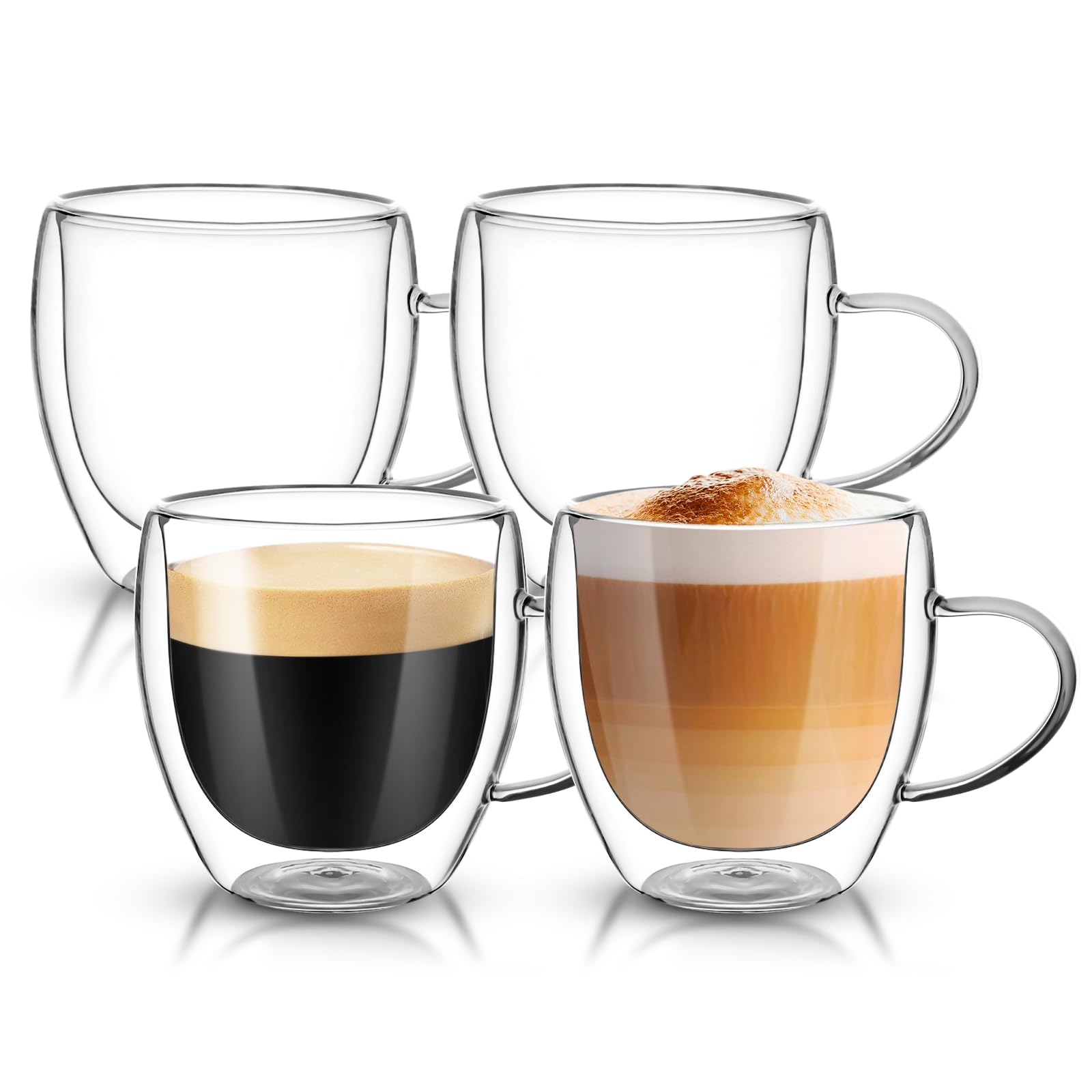 Dyserbuy 4 Pack Double Walled Glass Mug, Cappuccino Drinking Cups, Insulated Glass Coffee Cup with Handle, Perfect for Cappuccino, Latte, Espresso, Tea, Juice, Beverage (250ml/ 8.5oz)