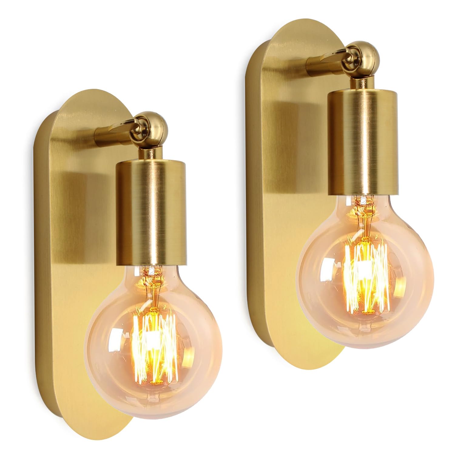 2 Pack Industrial Wall Lights, E27 Vintage Adjustable Indoor Metal Wall Lamp, Gold Wall Sconce for Bedroom, Bedside Wall Light, Rotatable Wall Spotlights, Bathroom Mirror Vanity Light, No Bulb