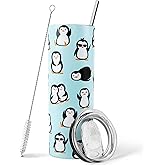 Penguin Tumbler with Straw - Cute Penguin Gifts in Blue, 20 Oz - Thermal Insulated, Perfect for Coffee or Water - Birthday Gift