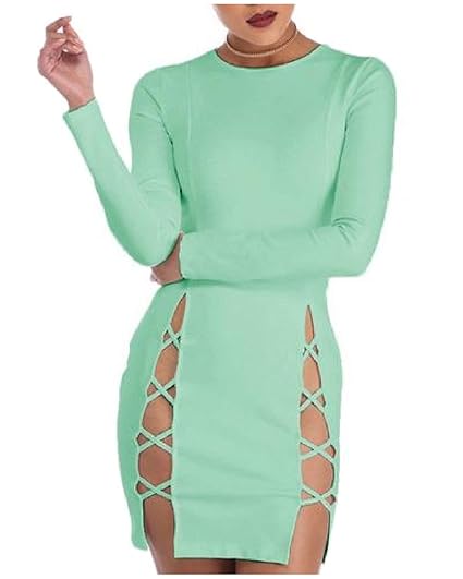 Buy Abetteric Women S Long Sleeve Bandage Side Slit Hollow Out Bodycon Dress Sky Blue Xs At Amazon In amazon in