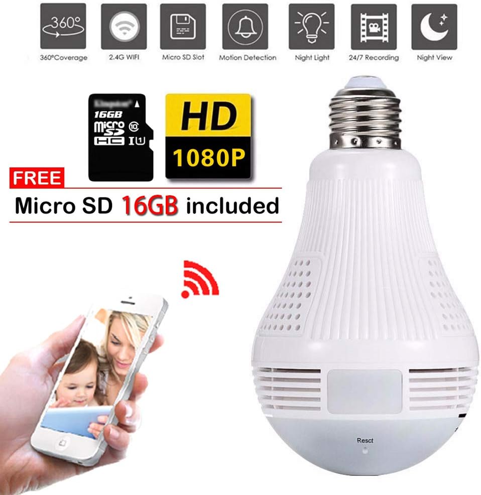 NAIYO Light Bulb Camera,Include 16GB Card 1080P WiFi Security Camera, 2MP Wireles IP LED Cam,360 Degrees Panoramic VR Indoor/Outdoor Home Surveillance Cameras,Motion Detection/Night Vision/Alarm