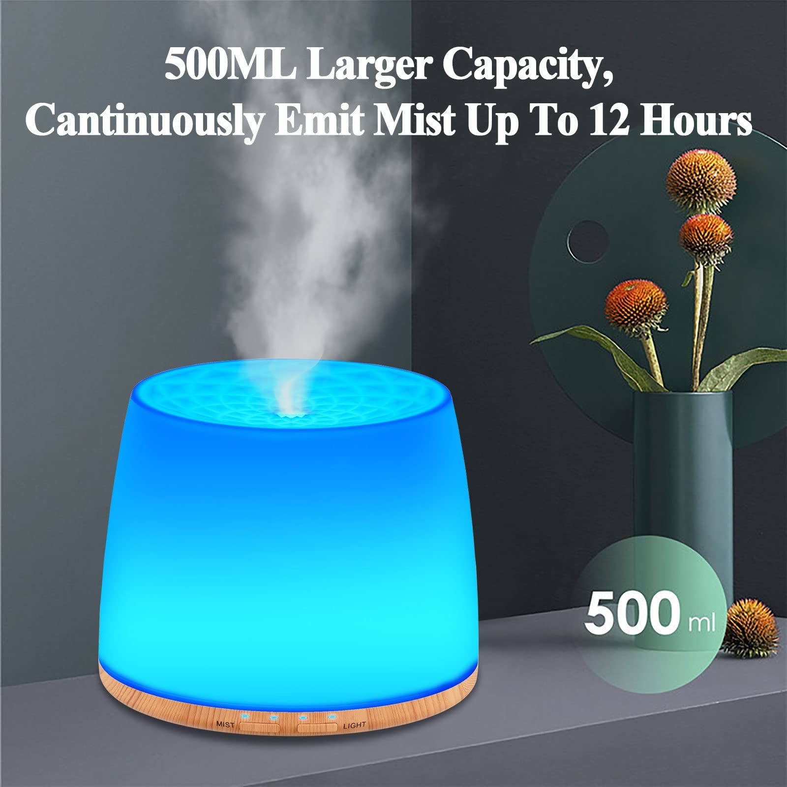 KAHEAUM Humidifiers for Bedroom Large Room Baby Kids Nursery Home Hotel Office Plant, 500ML Portable Ultrasonic Cool Mist Humidifier Aroma Essential Oil Diffusers with LED Night Light,Quiet,Auto Off