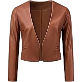 Allegra K Faux Leather Jacket for Women's Collarless Open Front Crop PU Moto Biker Jackets
