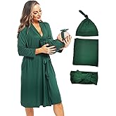 QTECLOR Maternity Robe with Matching Swaddle Blanket Set,Maternity Barhrobe Delivery Labor Robe for Hospital Women Dress