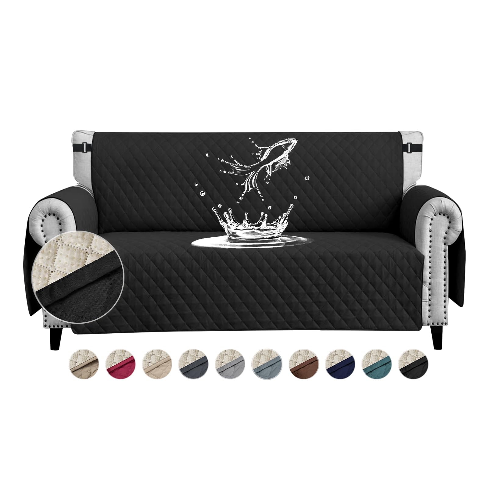 FIGOOO Sofa Covers Water Resistant Sofa Slipcovers 2 Seater Waterproof Anti-Slip Anti-Scratch Sofa Cover with Non Slip Elastic Straps for Dogs Cats Pets,Black