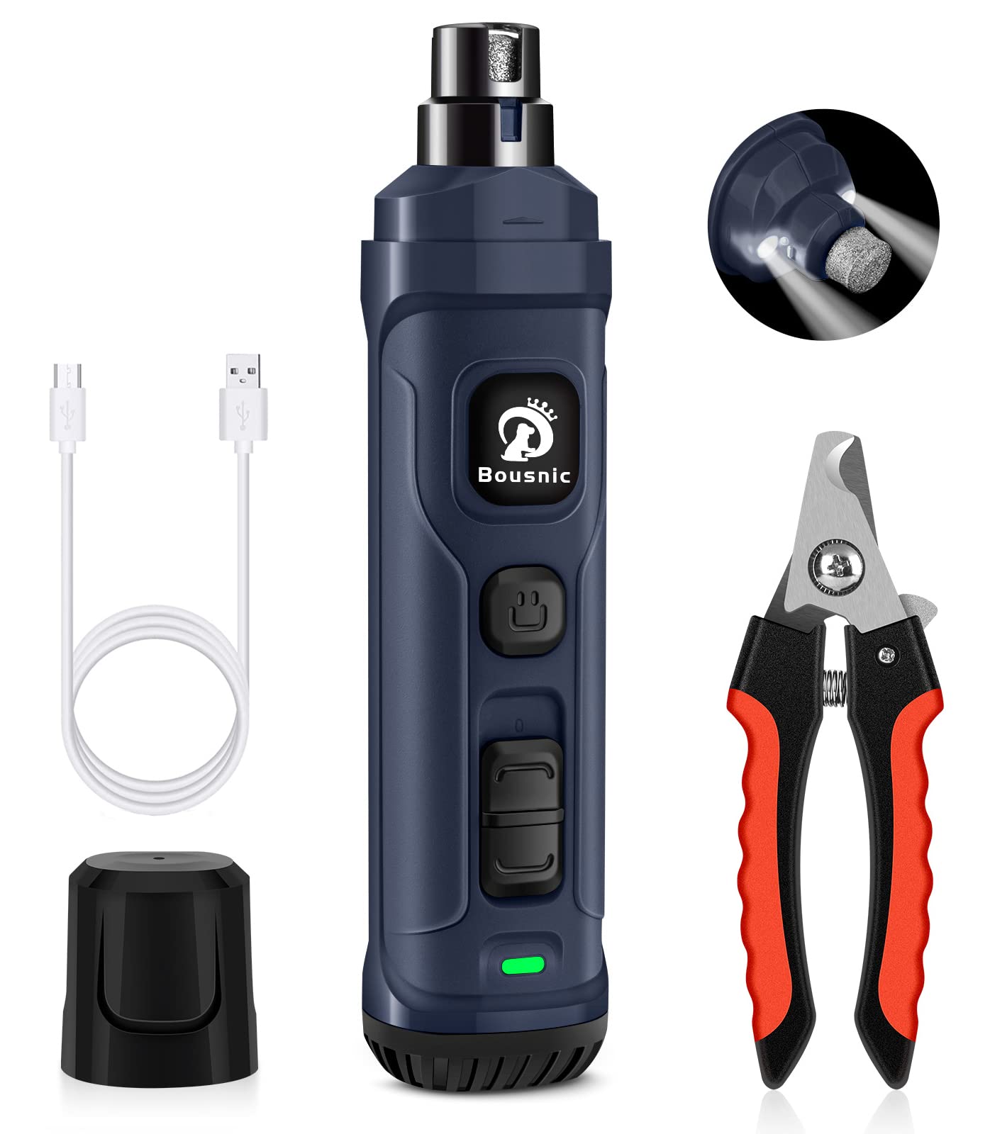 Bousnic Dog Nail Grinder and Clipper Kit - 2-Speed & 2 LED Lights Electric Rechargeable Pet Nail Trimmer Painless Paws Grooming & Smoothing for Small Medium Large Dogs & Cats