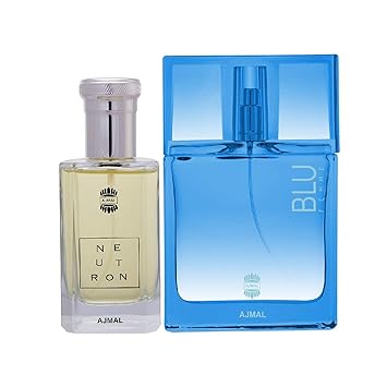 Ajmal Neutron EDP Citrus Fruity Perfume 100ml for Men and Blu Femme EDP Floral Woody Perfume 50ml for Women + 2 Parfum Testers FREE