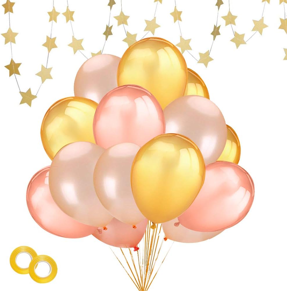 Rose Gold,Gold and Champagne Gold Latex Party Balloons–Pack of 60, 12inch with Gold Star Garland for Bridal Shower Decorations | Birthday | Bridal Shower Balloons | (Champagne Rose Gold)