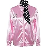 CISSTEC 1950S Adult Women Ladies Girls Costume Satin Jacket with Neck Scarf Halloween Fancy Dress Props (Small, Pink)
