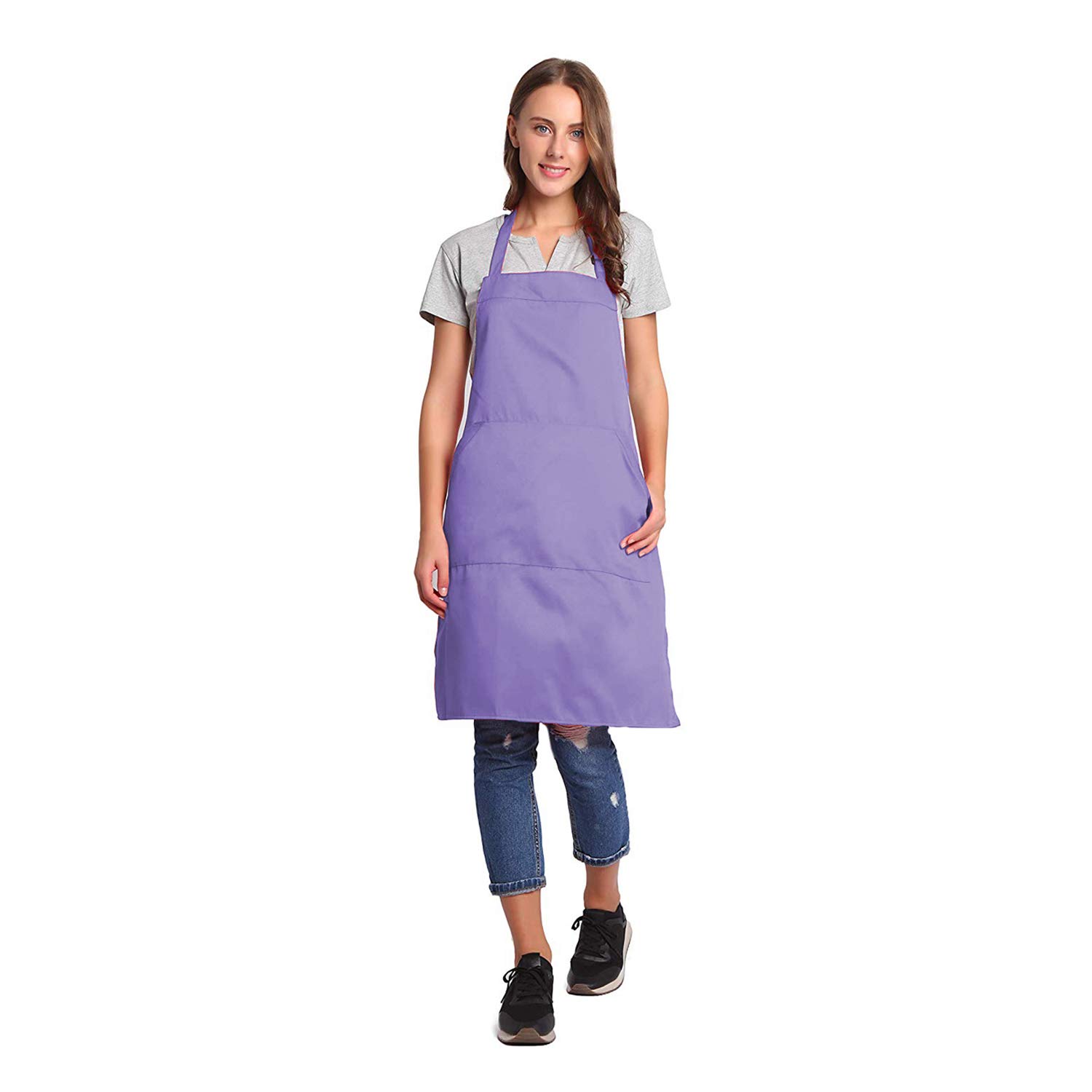 BIGHAS Adjustable Bib Apron with Long Ties for Women Men 18 Colors Chef Kitchen Cooking (Lavender)