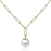 Single Pearl Necklace for Women - 925 Sterling Silver Freshwater Pearl Pendant with 14K Gold Plated Paperclip Chain, Elegant Jewelry Gift for Her