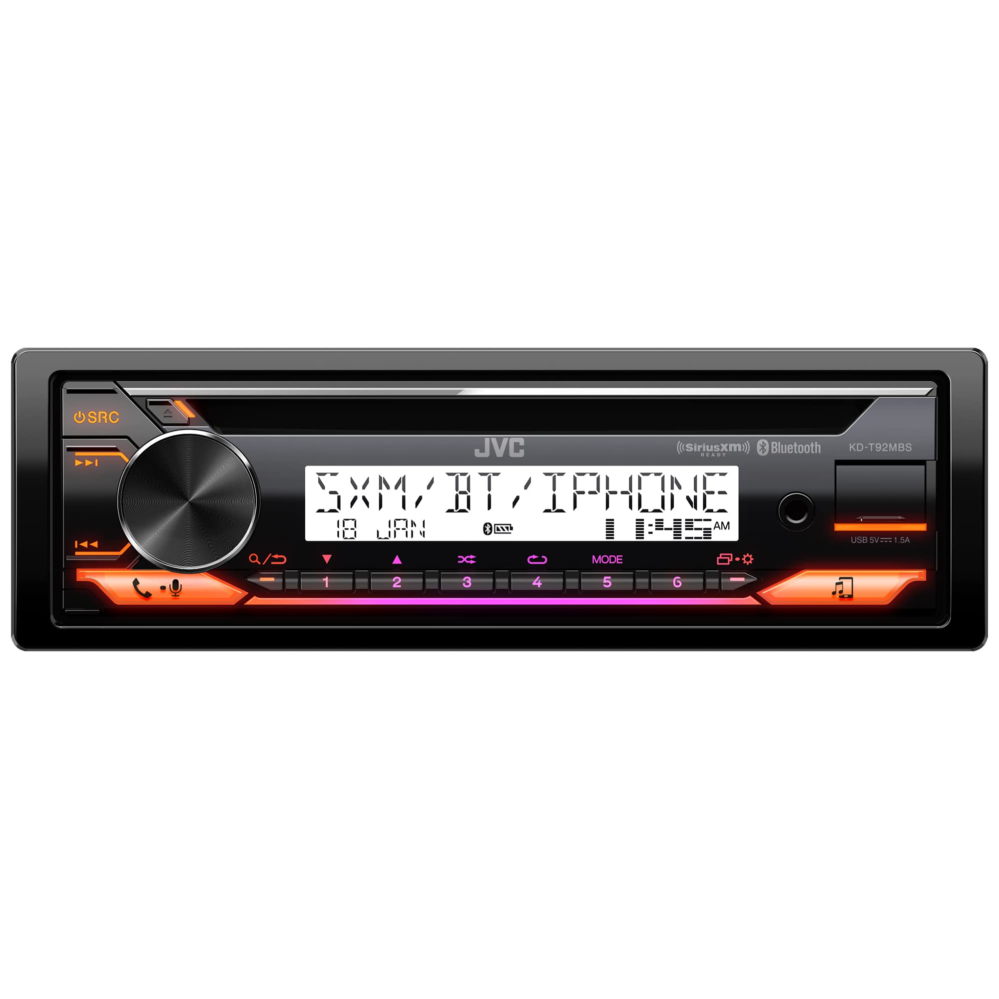 JVC KD-T92MBS Marine Powersport Audio CD Receiver 22W RMS/50W Max x 4, Bluetooth, USB, Time Alignment, 13 Band EQ, 2/3 Way Crossover, 6-Channel 4V Pre-Amp Output, Adjustable Color LED Display