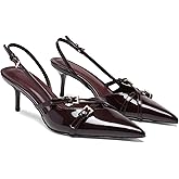 Riekhany Heeled Slingback Kitten Heels for Women Closed Pointed Toe Pumps with Buckles