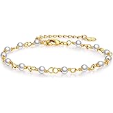 Beautitlry Gold Pearl Bracelet for Women, 18K Gold Plated Dainty Pearls Beaded Chain Bracelet Valentines Gift for Women