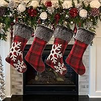 LEVOSHUA Christmas Stockings, 4 Pieces 18 inches Plaid Snowflake Fluffy Faux Fur Cuff Stockings, Red Black Buffalo Checked Christmas Stockings for Xmas Holiday Family Decoration