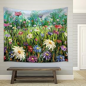 Oil Painting of Flowers,Beautiful Field Flowers on Canvas. Wildflowers - Fabric Wall Tapestry Home Decor - 51x60 inches