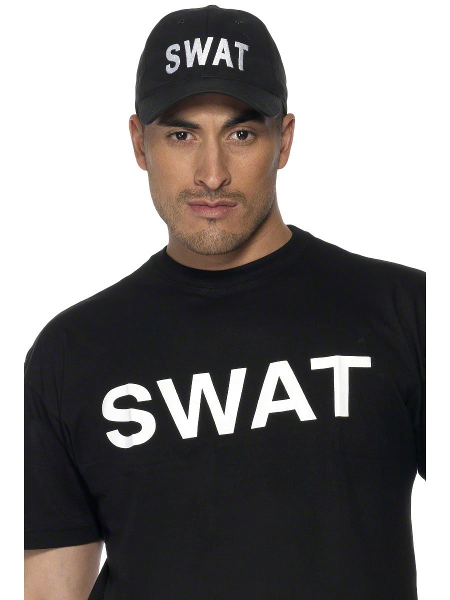 Smiffys SWAT Baseball Cap, Black with Embroidery, Cops & Robbers Fancy Dress, Cops and Robbers Dress Up Hats