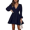 FAIABLE Mini Dress Deep V Sexy Dress Long Sleeve Dress for Women A-line High Waisted Casual Flowy Dress