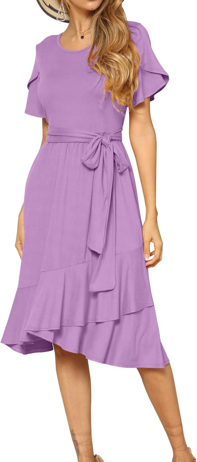 levaca women's plain casual flowy short sleeve midi dress with belt