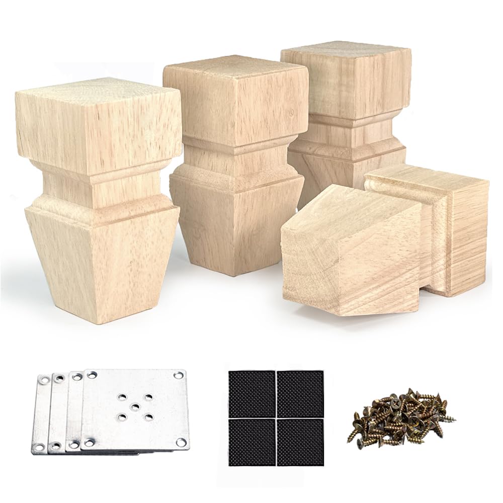 Aiminjey 4.72 Inch/12 cm Wooden Furniture Legs with Mounting Plates Screws Set of 4 Solid Wood Unfinished Replacement Furniture Feet for Couch Cabinet Sofa Dresser TV Stand Bed Home DIY Projects