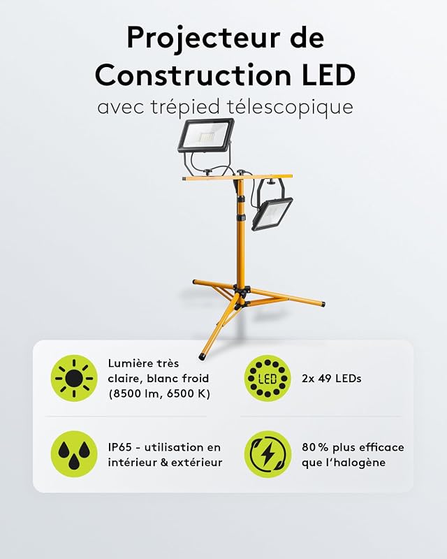 49984 Projecteur de Chantier LED télescopique Double tête pour Utilisation intérieure et extérieure Trépied en métal Blanc Froid, Jaune, 2x 50W