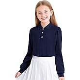 KEREDA Long Sleeve Uniform Shirts for Girls Cotton School Polo Shirts with Button for Kids