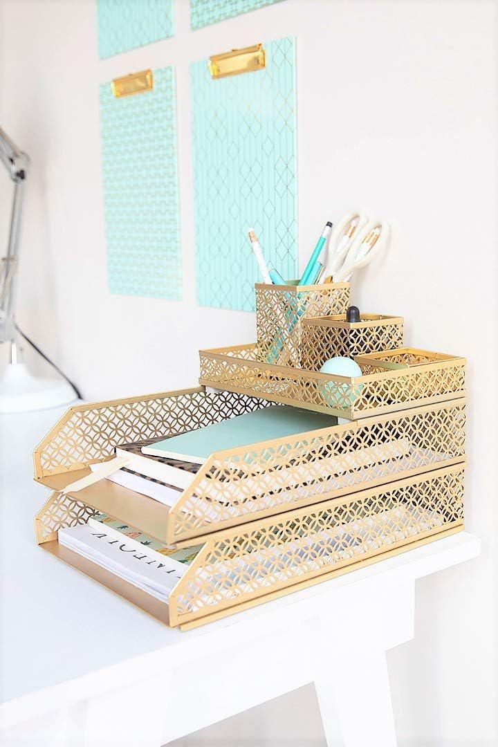 Blu Monaco Office Supplies Gold Desk Accessories for Women-6 Piece Interlocking Stylish Desk Organizer Set- Pen Cup, 3 Accessory Trays, 2 Letter Trays-Gold Office Paper Tray Holder : Office Products