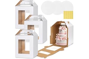 3 Pack Tall Cake Box for Tier Cake with Cake Board, 12 x 12 x 14 Inch Large Tiered Cake Carriers with Clear Windows & Handle,