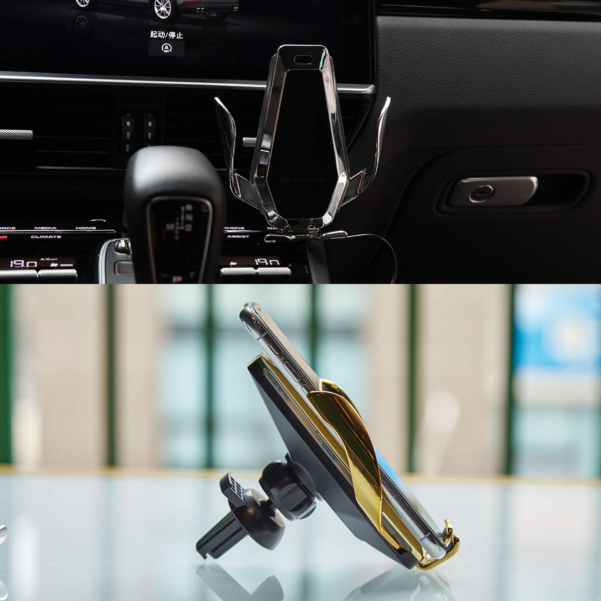 EZNILE Wireless Car Charger Mount Auto-Clamp Free Rotation Windshield Dash Air Vent Phone Holder 10W Qi Fast Charging Compatible with iPhone11/Xs MAX/XS/XR/X/8Plus/8,Samsung S6/S7/S8/S9 Edge+ (silver)