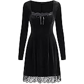 CIDER Womens Velvet Long Sleeve Mini Dress Lace Trim Elegant Party Dress