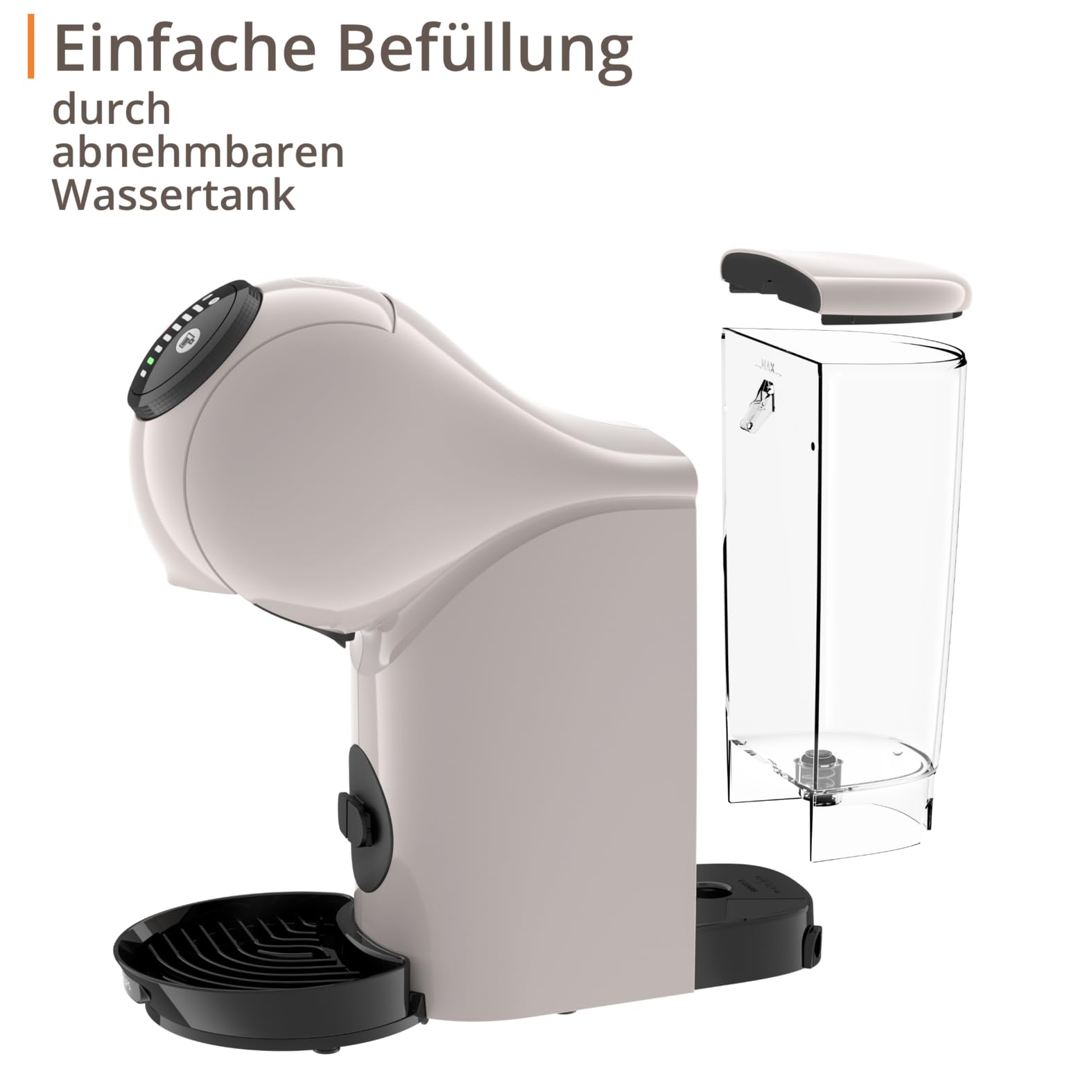 NESCAFÉ DOLCE GUSTO Genio S Kaffeekapselmaschine, abnehmbarer Wassertank 0,8 Liter, heiße und kalte Getränke, 1500 Watt, 15 bar Pumpendruck, Eco-Modus, besonders kompakt, Taupe, KP243AF0 6