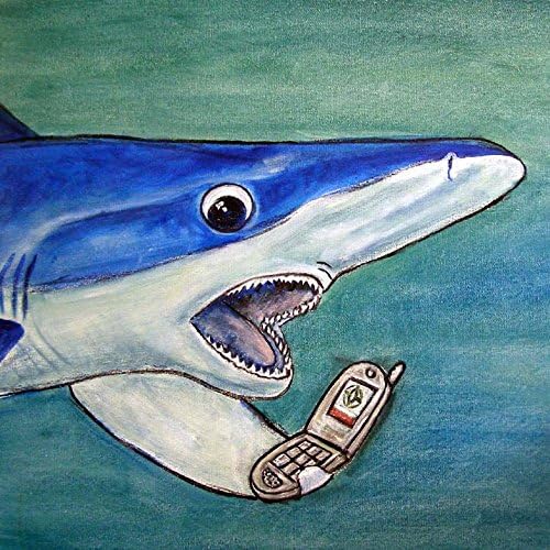 maco shark talking on a cell phomne artwork tile coaster gift