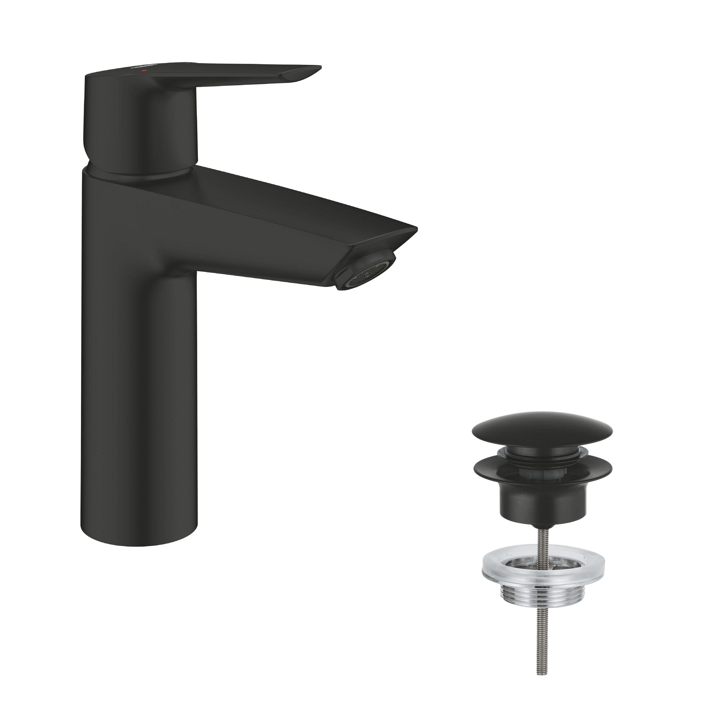 GROHE Start QuickFix - Basin Mixer Tap with Push-Open Waste Set (M-Size 192 mm, 28 mm Ceramic Cartridge, Water Saving, Tails 3/8 Inch, Easy to Fit with GROHE QuickTool), Matt Black, 242042432