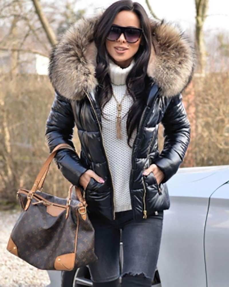 Aofur Womens Ladies Quilted Winter Coat Fur Collar Hooded Down Jacket Parka Outerwear: Clothing
