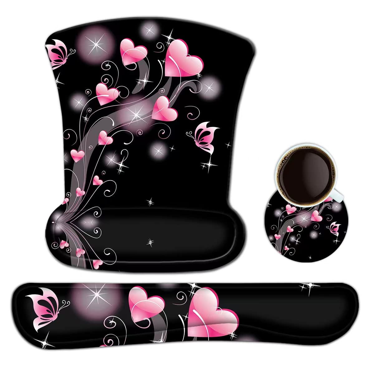 Keyboard Wrist Rest Pad Ergonomic Mouse Pad Set, ToLuLu Cute Mouse Pad for Computer Laptop, Non Slip Mousepad Keyboard Wrist Support with Raised Memory Foam for Easy Typing Pain Relief, Pink Hearts — image 1