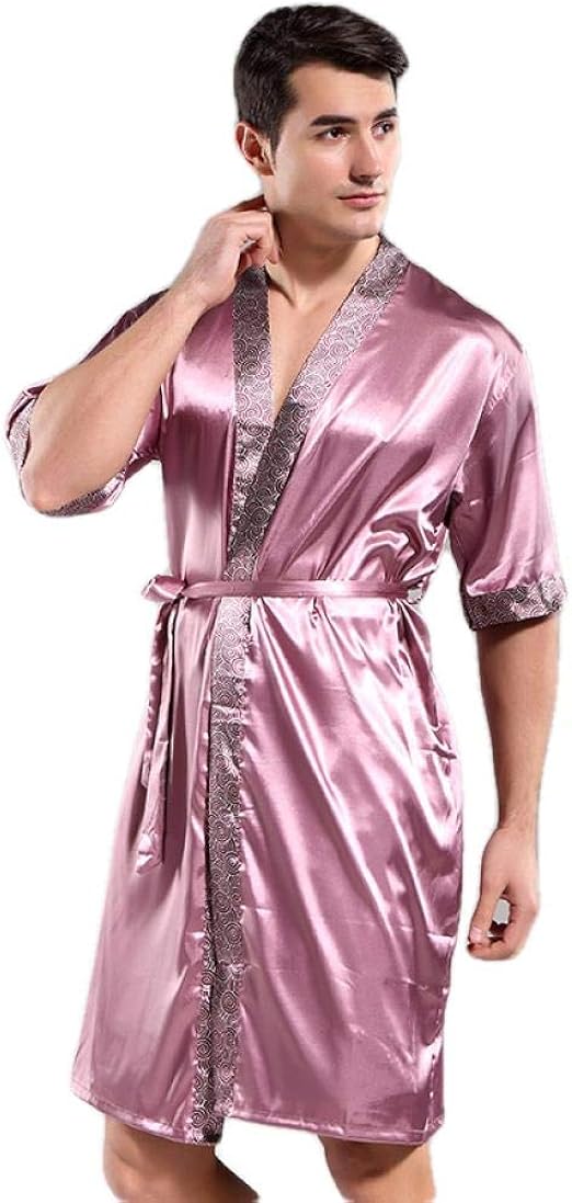 YBDX Bath Robe Luxury Bathrobe Mens Print Free Size Silk Satin Pajamas Kimono Summer Male