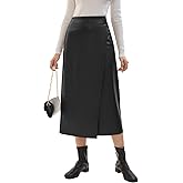 Haianguoji Women's Faux Leather Midi Skirt High Waist Slit for Daily Casual Outdoor Office Work