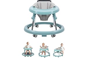 QIZHI-BEAR Baby Walker with Wheels, Activity Center with Mute Wheels Anti-Rollover, 5-Position Height Adjustable Foldable Baby Walker for Boys and Girls from 6-18 Months with Footrest
