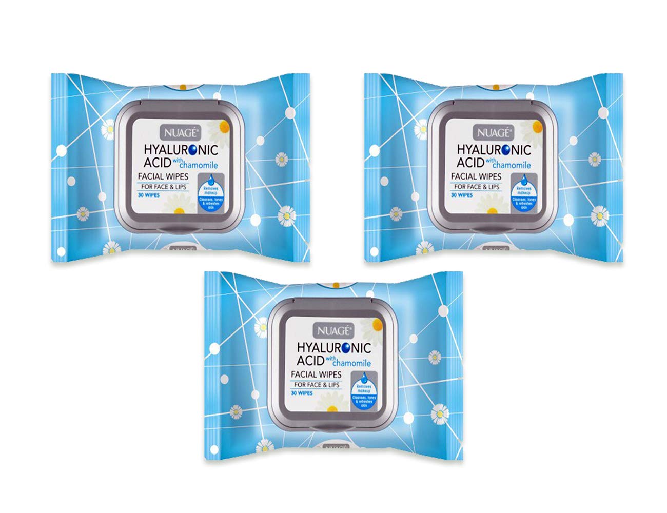 Nuage Nuagé Hyaluronic Acid & Chamomile Face Wipes - 3 Pack (Total 90 Wipes) for Cleansing, Moisturizing, Exfoliating & Brightening All Skin Types