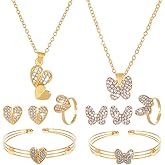 HOBBIESAY Butterfly Heart Rhinestone Jewelry Set Shiny Crystal Pendant Necklace Earring Ring Bracelet Alloy Pendant Accessories Adjustable Gifts for Woman Birthday Party Wedding