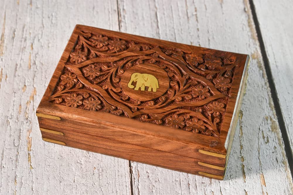 Ajuny Handcrafted Decorative Wooden Jewelry Box Elephant Embossed Design Hand carved Solid Multipurpose Keepsake Storage Travel Organizer Treasure Chest Trinket Holder Great Gifts 7x5 Inch