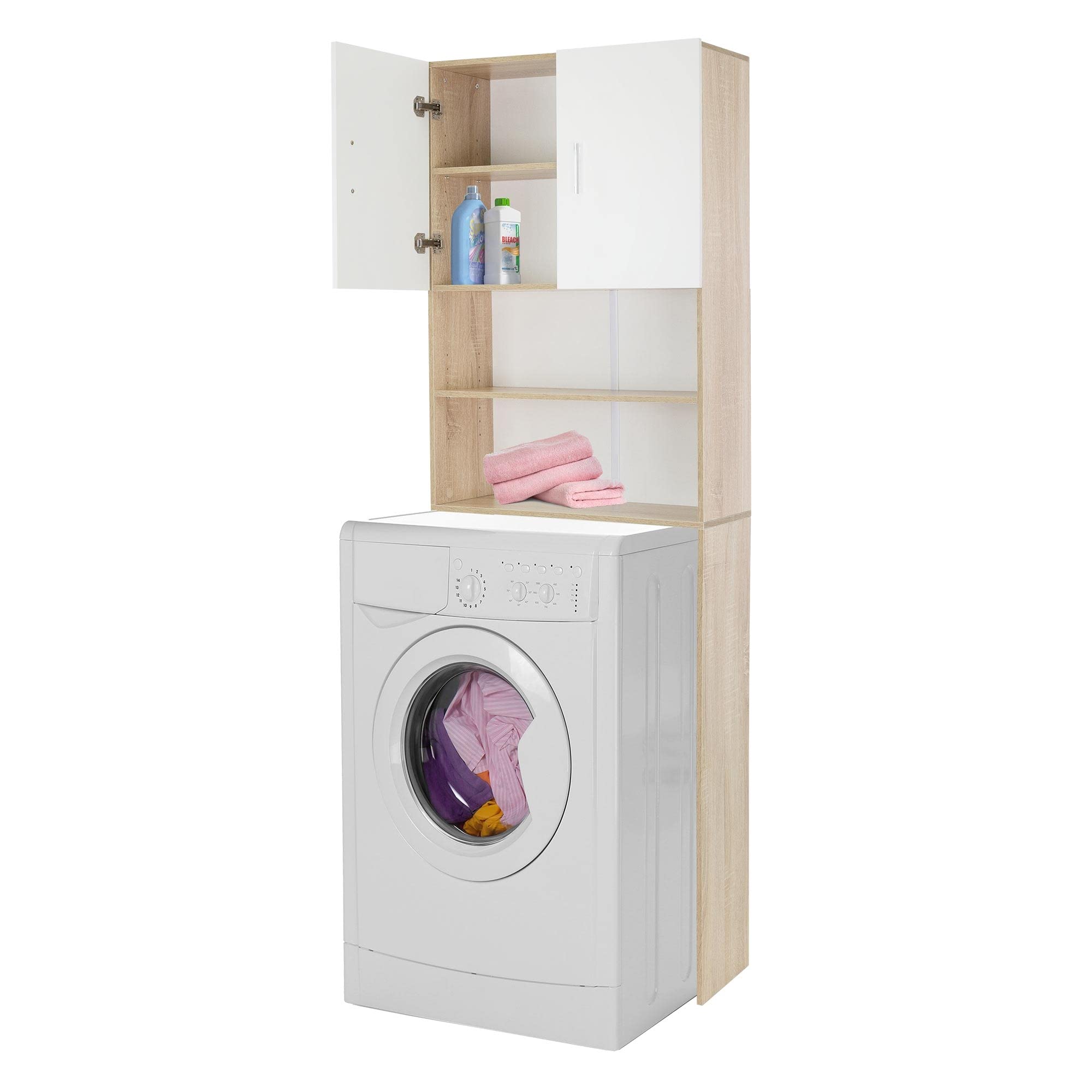 ECD-Germany-Armario-Alto-de-Lavadora-190-x-625-cm-Estante-con-2-Puertas-Mueble-de-Bano-BlancoSonoma-para-Secadora