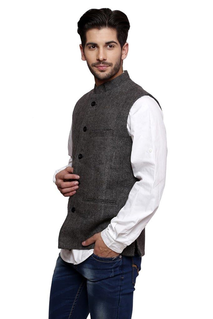 dhrohar men's woolen black textured nehru waistcoat