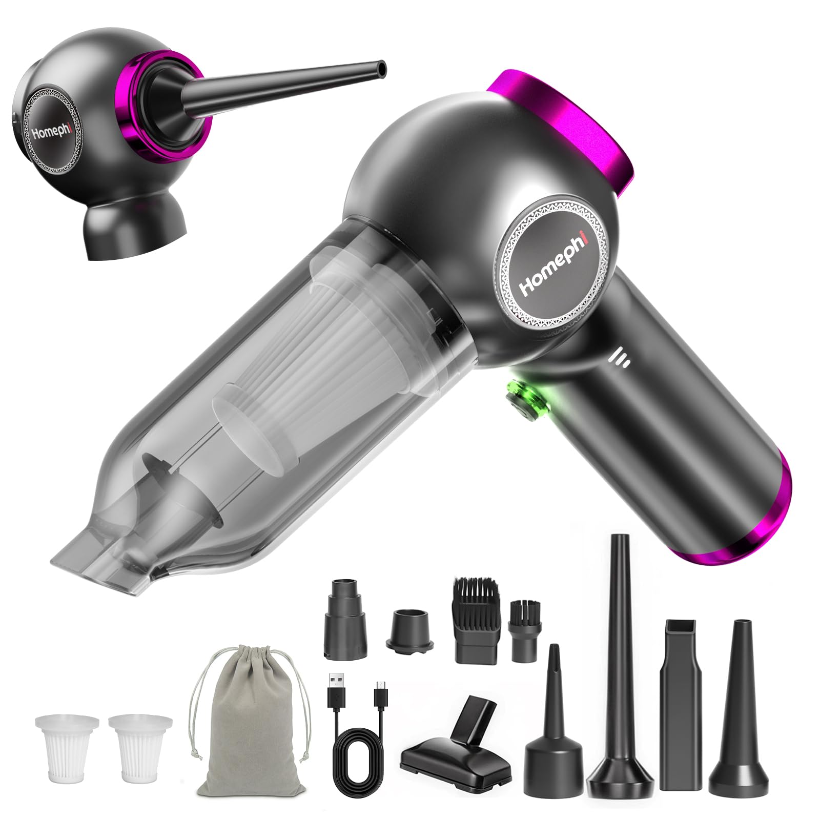 Photo 1 of Homephi Car Vacuum Portable Cordless, 17500Pa Suction, 4 in 1 Mini Handheld Vacuum Cleaner, Ultra Lightweight, Compact Rechargeable Dust Buster Hand Vacuum, for Car Interior, Home, Pet Hair, Camping